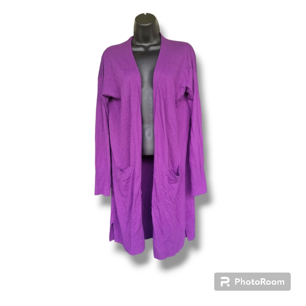 Halogen | Open Front Pocket Purple Cashmere Blend Cardigan